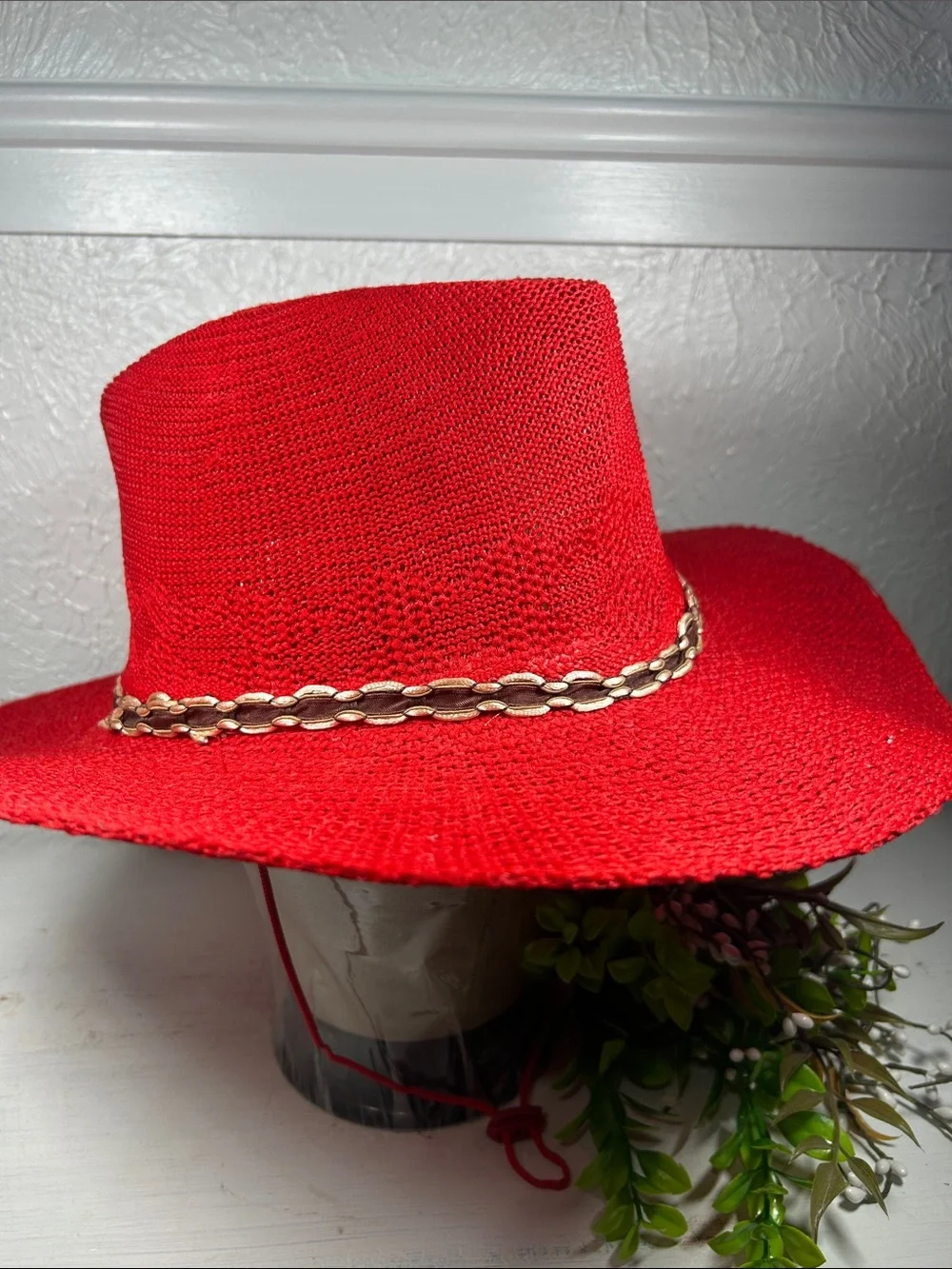 Red Woven Knit Cowboy Hat with Gold Ribbon Accent Chin Strap Summer Western Hat - Picture 2 of 11